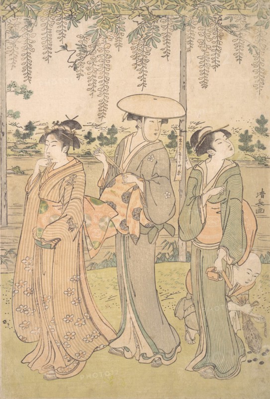 Three Women and a Small Boy beneath a Wisteria Arbor on the Bank of a Stream, ca. 1790.