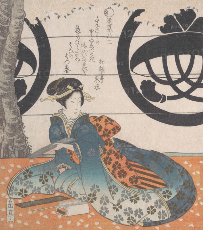 Woman Seated Under a Cherry Tree About to Write a Poem on a Sheet of Paper for Poem Writing (Tanzaku), 19th century.