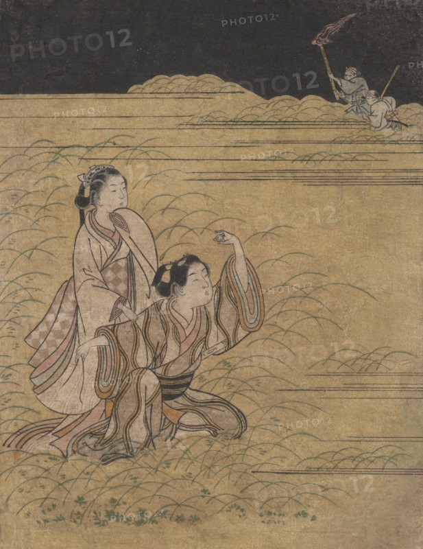 A Young Man and Woman in the Moor of Musashino; Parody of the Akuta River episode of the Tale of Ise (Ise monogatari), ca. 1765-66.