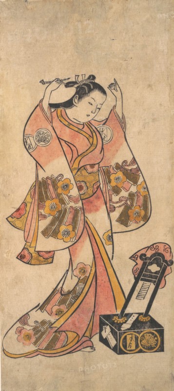 Sanjo Kantaro as a Woman Arranging Her Hair Before a Lacquer Mirror, before 1763.