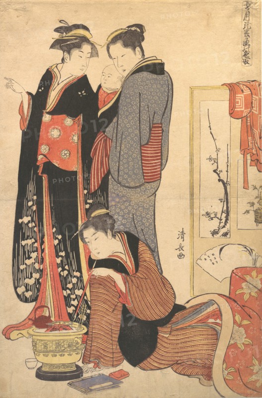 Two Women Standing, Holding a Child, ca. 1785.