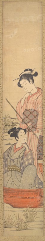 A Young Woman Standing in a Boat Pulling it along and a Young Man Seated in it at Her Feet.
