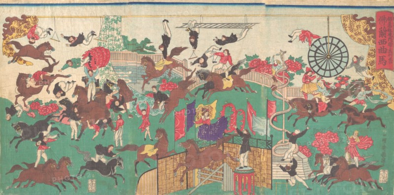 French Equestrian Circus on the grounds of Asakusa Kannon temple (Asakusa kannon keidai ni oite kogyo tsukawashi soro-Furansu kyokuba), 1871.