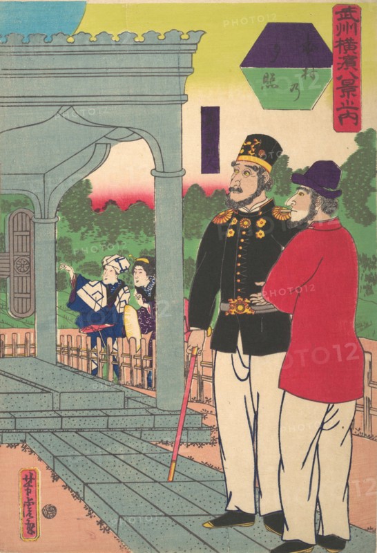Evening Glow at Motomura [Two Englishmen looking at the sunset], 1st month, 1861.