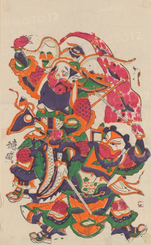 One hundred thirty-five woodblock prints including New Year's pictures (nianhua), door gods, historical figures and Taoist deities, 19th-20th century.