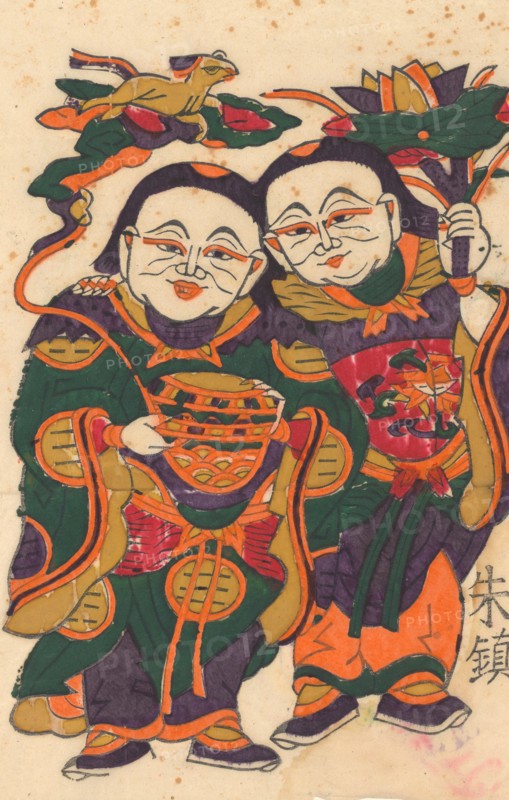 One hundred thirty-five woodblock prints including New Year's pictures (nianhua), door gods, historical figures and Taoist deities, 19th-20th century.