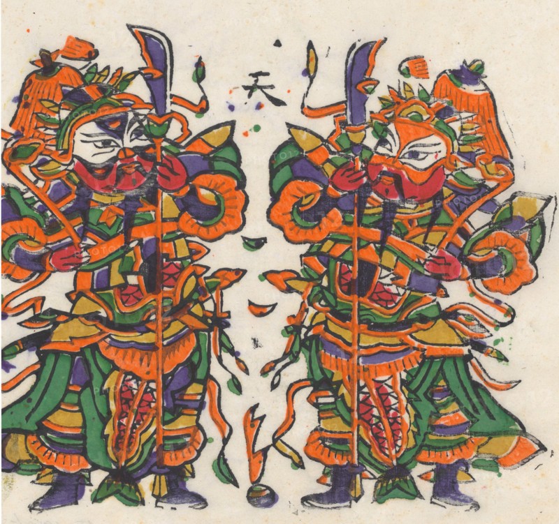 One hundred thirty-five woodblock prints including New Year's pictures (nianhua), door gods, historical figures and Taoist deities, 19th-20th century.