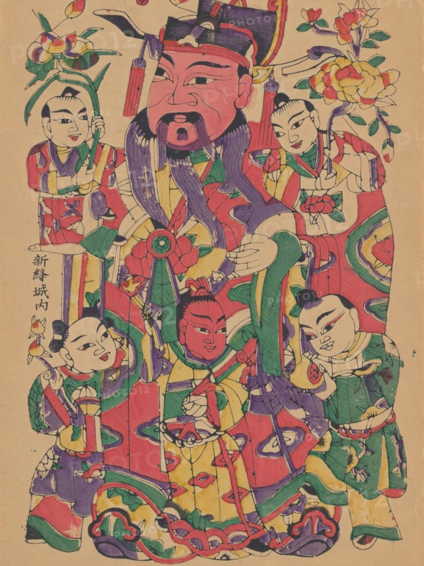 One hundred thirty-five woodblock prints including New Year's pictures (nianhua), door gods, historical figures and Taoist deities, 19th-20th century.