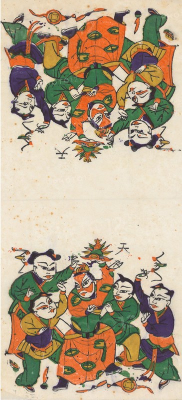 One hundred thirty-five woodblock prints including New Year's pictures (nianhua), door gods, historical figures and Taoist deities, 19th-20th century.