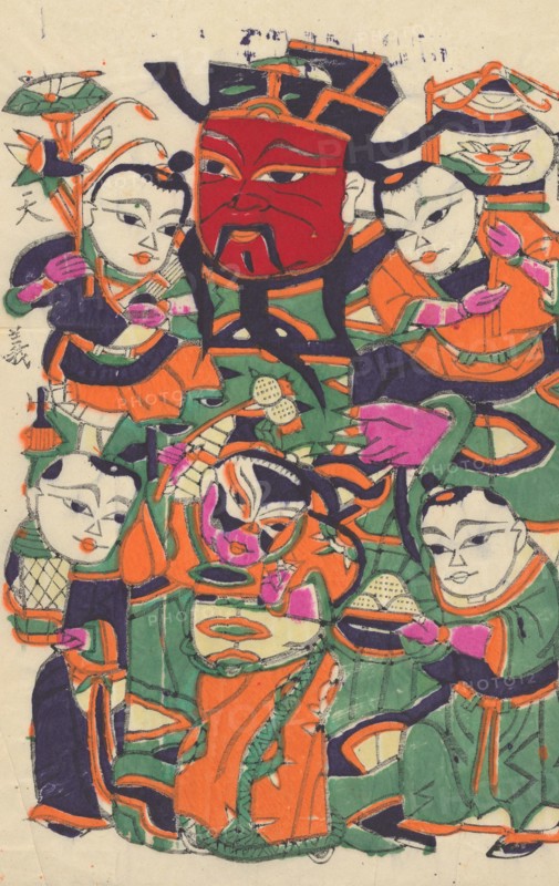 One hundred thirty-five woodblock prints including New Year's pictures (nianhua), door gods, historical figures and Taoist deities, 19th-20th century.