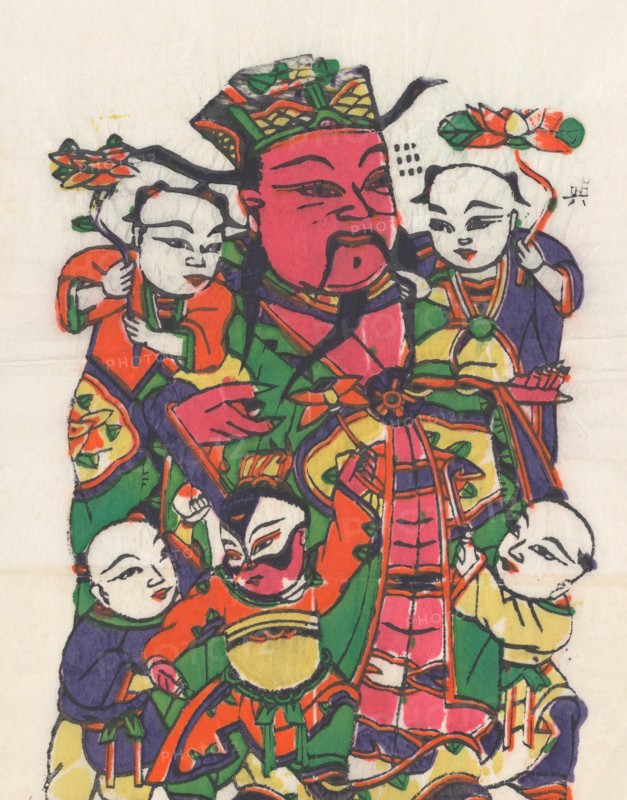 One hundred thirty-five woodblock prints including New Year's pictures (nianhua), door gods, historical figures and Taoist deities, 19th-20th century.