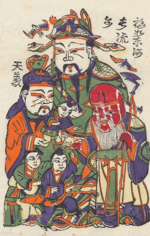 One hundred thirty-five woodblock prints including New Year's pictures (nianhua), door gods, historical figures and Taoist deities, 19th-20th century.