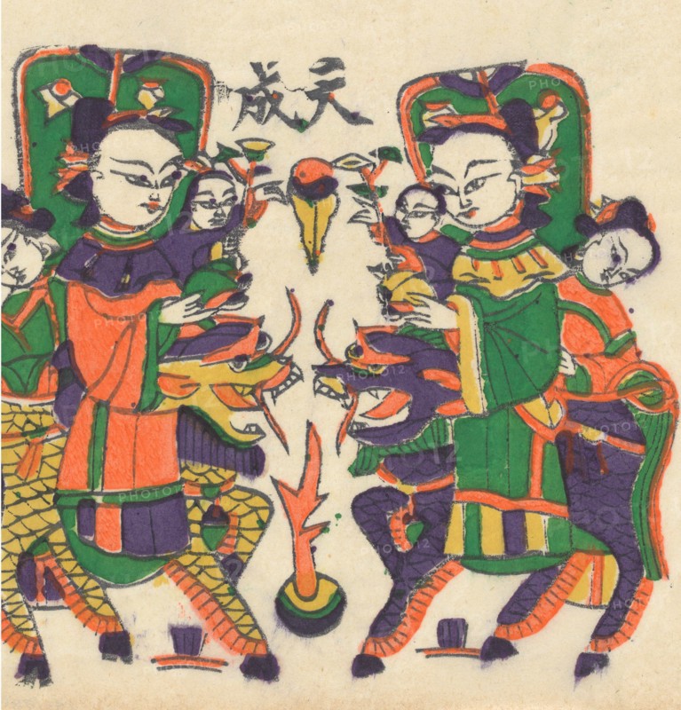 One hundred thirty-five woodblock prints including New Year's pictures (nianhua), door gods, historical figures and Taoist deities, 19th-20th century.
