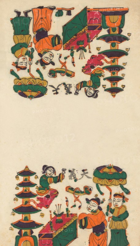 One hundred thirty-five woodblock prints including New Year's pictures (nianhua), door gods, historical figures and Taoist deities, 19th-20th century.