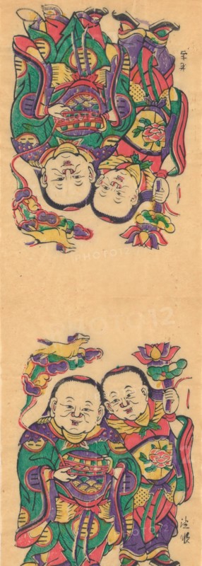 One hundred thirty-five woodblock prints including New Year's pictures (nianhua), door gods, historical figures and Taoist deities, 19th-20th century.