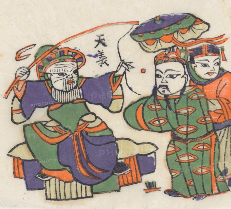One hundred thirty-five woodblock prints including New Year's pictures (nianhua), door gods, historical figures and Taoist deities, 19th-20th century.