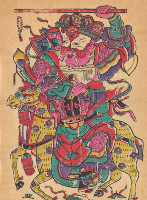 One hundred thirty-five woodblock prints including New Year's pictures (nianhua), door gods, historical figures and Taoist deities, 19th-20th century.