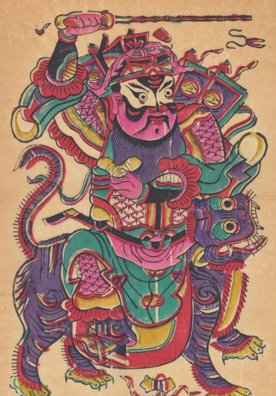 One hundred thirty-five woodblock prints including New Year's pictures (nianhua), door gods, historical figures and Taoist deities, 19th-20th century.