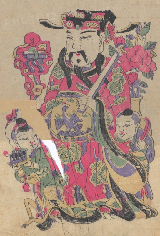 One hundred thirty-five woodblock prints including New Year's pictures (nianhua), door gods, historical figures and Taoist deities, 19th-20th century.