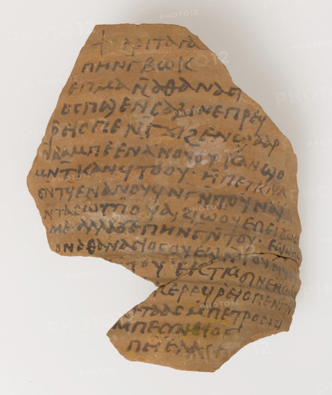 Ostrakon with a Letter from Pesynthius to Peter, Coptic, 580-640. At Epiphanius a large number of ostraca were discovered in the monastery, including in its rubbish heaps; they record biblical verses, legal documents, sermons, financial accounts, school texts, and letters requesting assistance and prayers. Some reveal that, even at the southernmost border of the Empire, people were still aware of events in the capital, Constantinople.