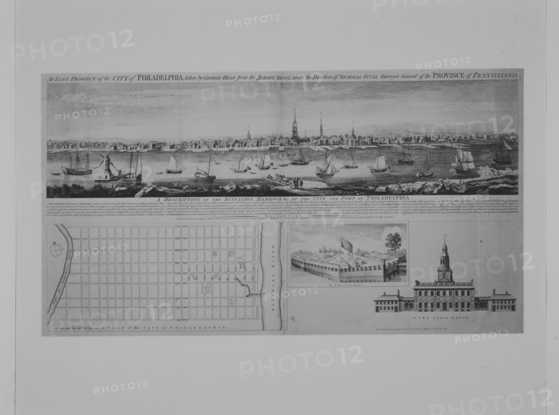 An East Prospect of the City of Philadelphia; taken by George Heap from the Jersey shore, under the direction of Nicholas Scull surveyor general of the Province of Pennsylvania, ca. 1768.