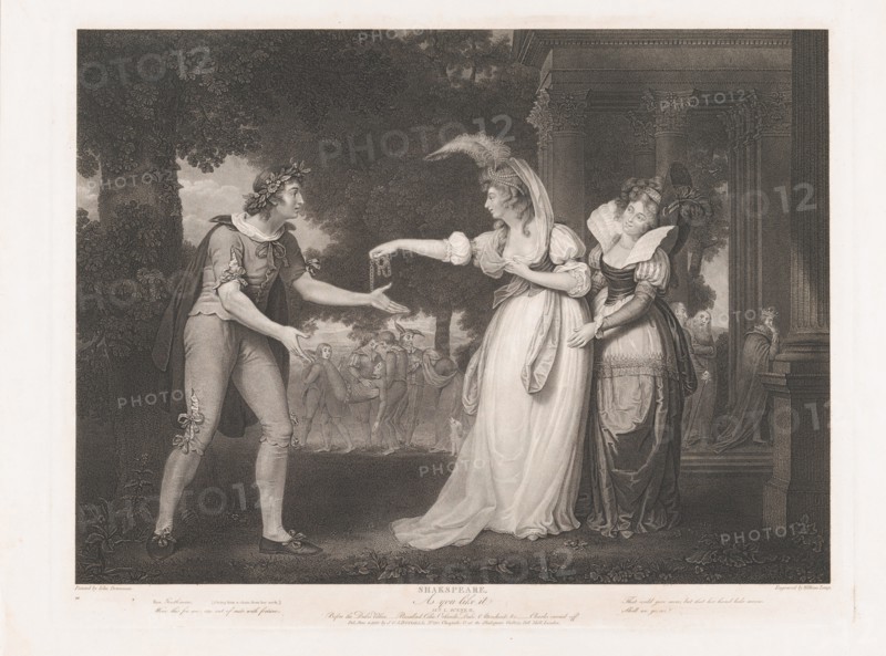 Before the Duke's Palace - Rosalind, Celia, Orlando, the Duke & Attendants (Shakespeare, As You Like It, Act 1, Scene 2), first published 1800; reissued 1852.