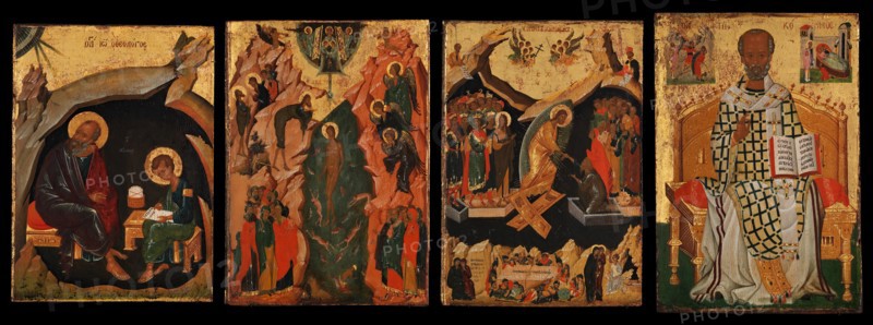 Four Icons from a Pair of Doors (Panels), possibly part of a Polyptych: John the Theologian and Prochoros, the Baptism (Epiphany), Harrowing of Hell (Anastasis), and Saint Nicholas, Byzantine, early 15th century.
