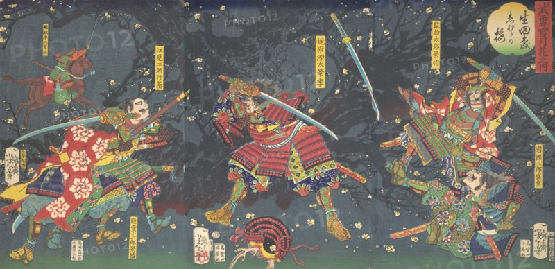 Plum Blossoms in the Forest of Ikuta, from the series Bravery-Beauty of the four seasons (Buyu setsugekka no uchi-Ikuta no mori, Ebira no ume), 1867.