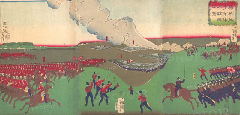 Illustration of Cavalry, Infantry and Soldiers Retreating (Kiheitai, hoheitai, daichoren no zu), 8th month, 1867.