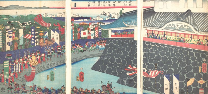Hideyoshi and His Troops Leaving Nagoya Camp (Mashiba Hideyoshi ko nagoya jin saki te no shosho kuridashi no zu), 19th century.