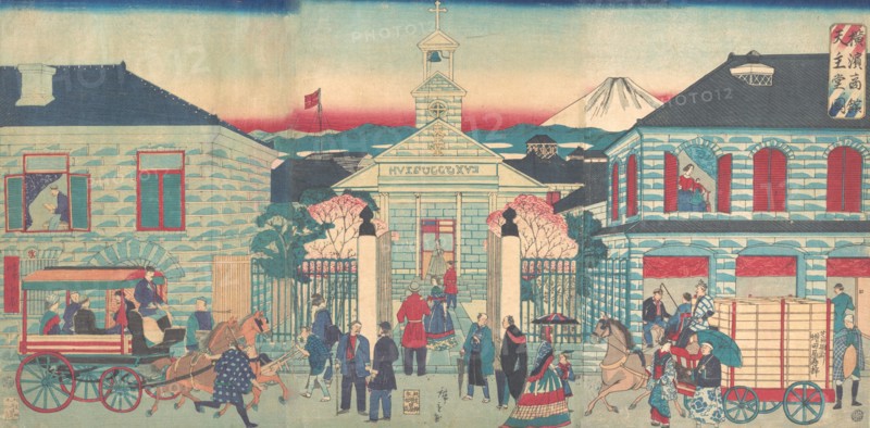Illustration of Foreign Residences and the Catholic Church in Yokohama (Yokohama shokan tenshudo no zu), 10th month, 1870.