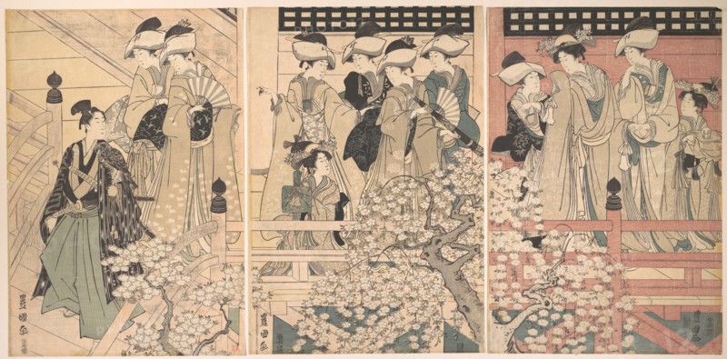 Beauties on a Veranda among Cherry Blossoms from which a Samurai is Departing, ca. 1800.