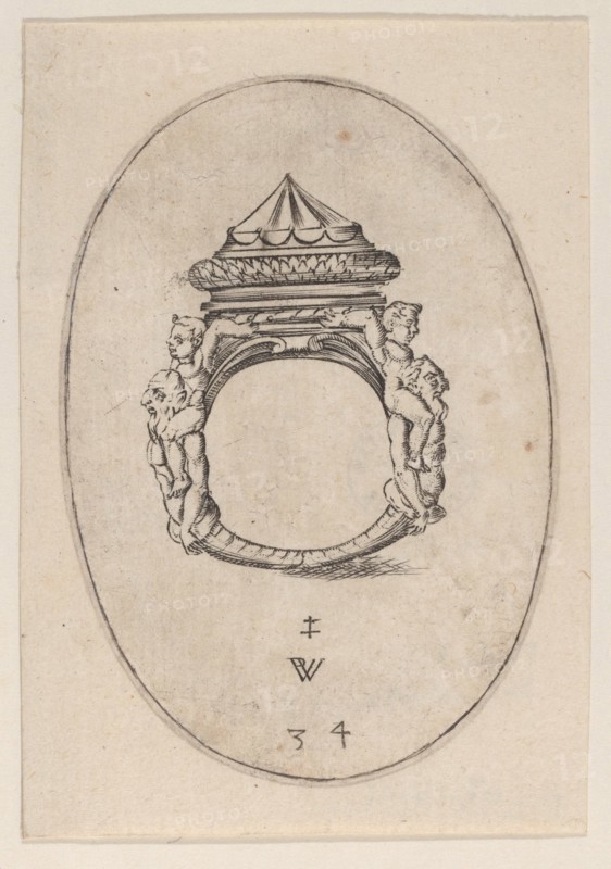 Design for a Ring with a Large Faceted Gemstone, Plate 34 from 'Livre d'Aneaux d'Orfevrerie', 1561.