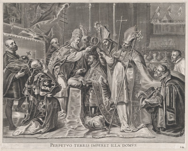 Plate 24: Charles V crowned Emperor by the Pope; from Guillielmus Becanus's 'Serenissimi Principis Ferdinandi, Hispaniarum Infantis...', 1636.