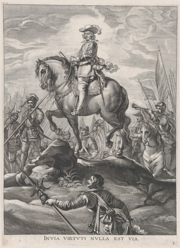 Plate 8: Ferdinand on horseback crossing the Alps; from Guillielmus Becanus's 'Serenissimi Principis Ferdinandi, Hispaniarum Infantis...', 1636.