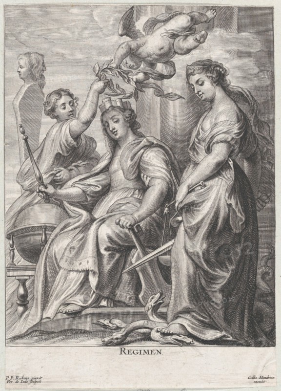 Allegory of Good Government, seated at center and being crowned by a putto and a woman at left, Justice standing atop a hydra at right, ca. 1640-74.