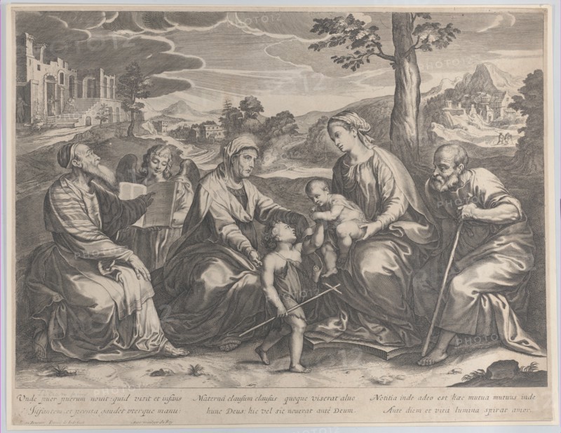The Holy Family at right, with the infant Saint John the Baptist, Elizabeth, Zacharias, and an angel at left, 1631-37.