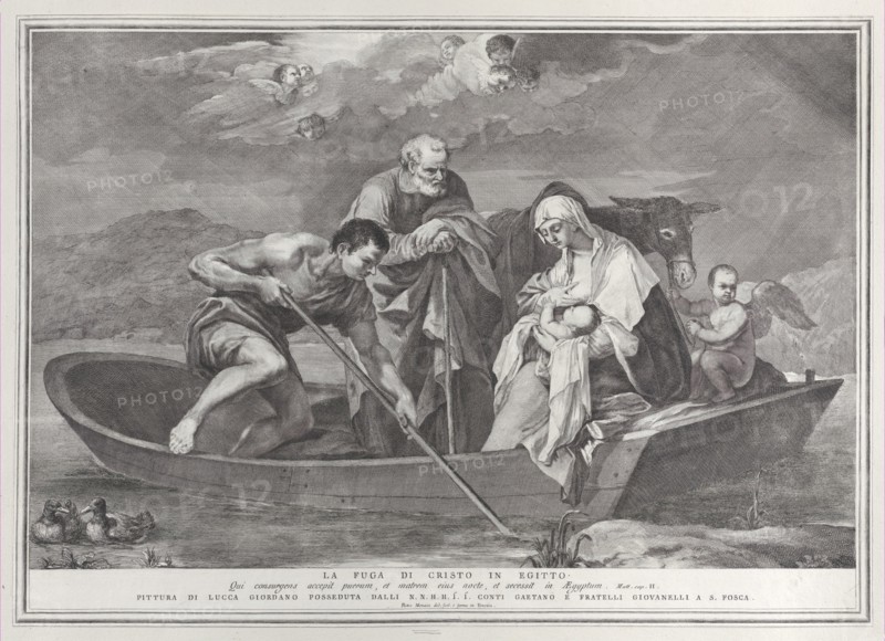 The flight into Egypt, with the Holy Family in a boat, 1730-50.