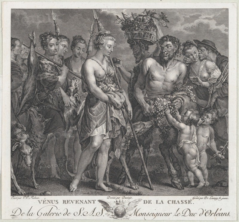 Diana returning from the chase, accompanied by dogs and her nymphs at left, two satyrs at right, ca. 1808.