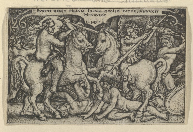 Hercules abducting Iole, from The Labors of Hercules, 1544. [Euryti regis filiam Iolam, occiso patre, abduxit Hercules].