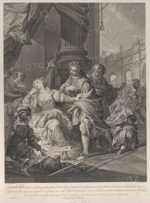 Gunhilda accused of adultery, 1760. [Gunhilda, Empress of Germany, daughter of Canute King of England, having been accused of adultery and treated as guilty by the Emperor, is defended by her Page, who in a public combat slays her accuser. After which she refuses to be reconciled to her Husband, & determines to retire into a Monastery].