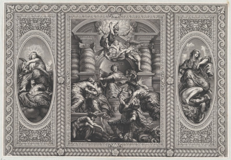 James I appointing Charles as King of Scotland at center, Minerva spearing Ignorance at right, and Hercules beating Envy at left, 1720.