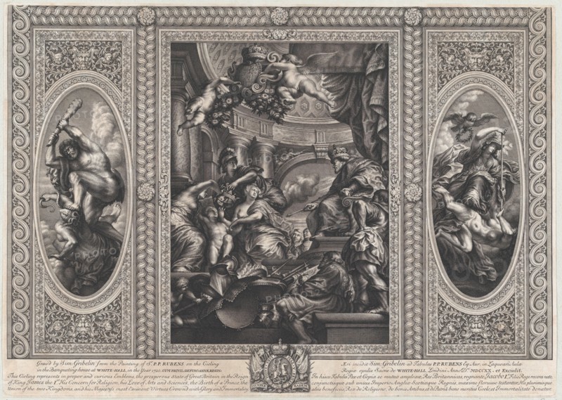 An allegorical scene showing the benefits of James' reign at center, Wise Government trampling Rebellion at right, and Liberty trampling Avarice at left, 1720.