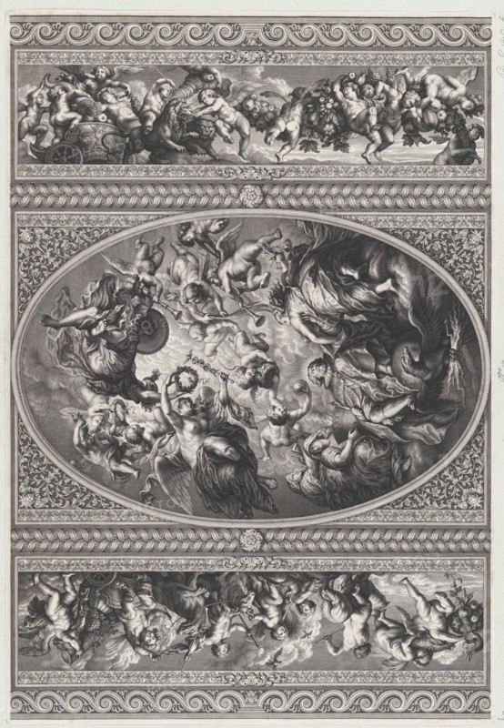 The apotheosis of James I in an oval at center, friezes with putti and garlands on either side, 1720.