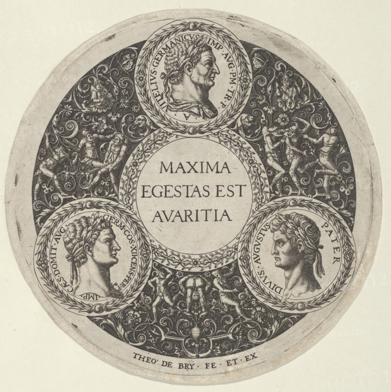 Design for a Dish with Portraits of the Roman Emperors Vitellius, Domitian, and August..., ca. 1588. Creator: Theodor de Bry.