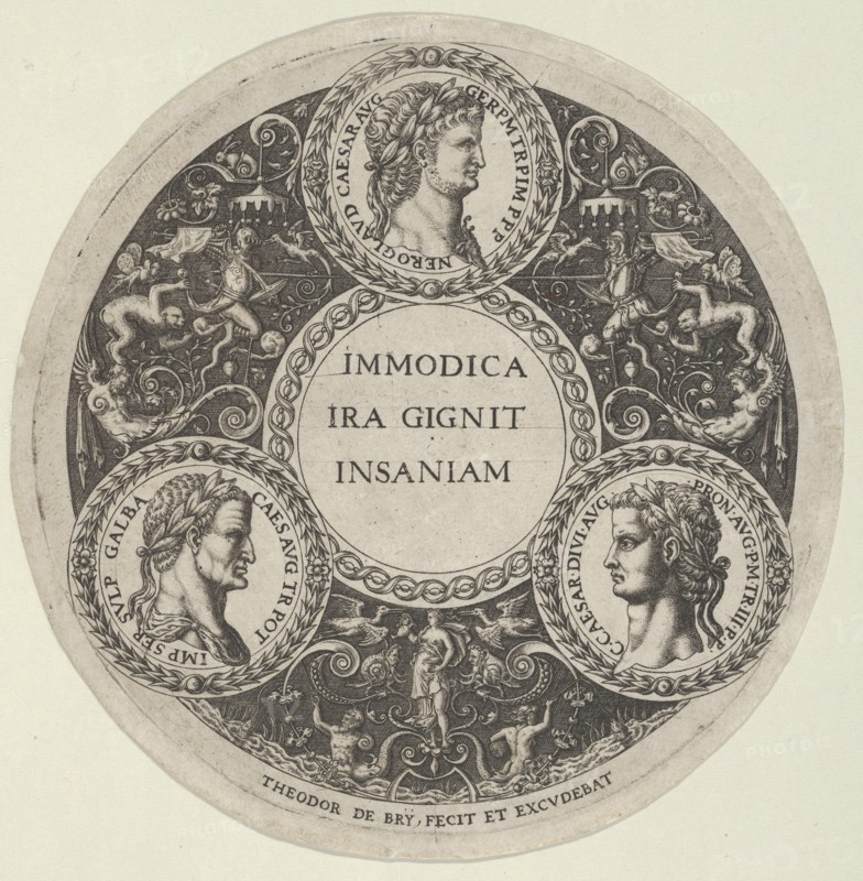 Design for a Dish with Portraits of the Roman Emperors Nero, Galba, and Caligula, ca. ..., ca. 1588. Creator: Theodor de Bry.
