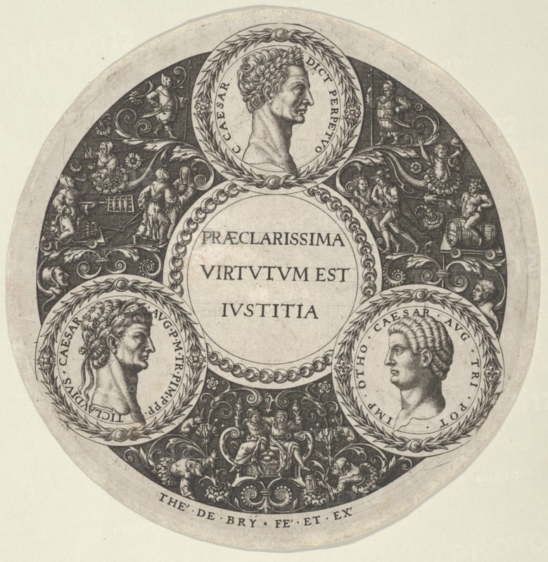 Design for a Dish with Portraits of the Roman Emperors Caesar, Claudius, and Otho, ca...., ca. 1588. Creator: Theodor de Bry.