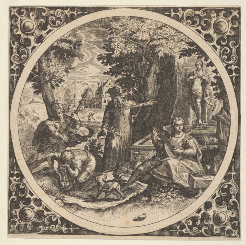 Scene with a Warning Against Venereal Disease in a Circle at Center, 1580-1600. Creator: Theodor de Bry.