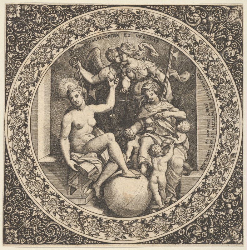 Scene with Misericordia and Veritas in a Circle at Center, 1580-1600. Creator: Theodor de Bry.