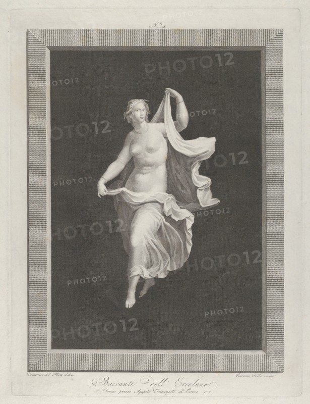 A partly nude bacchante stepping forward and holding ends of her drapery in each hand, ca. 1795-1820.